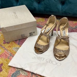 Jimmy Choo Gold Emily Coarse Glitter Sandals Pumps